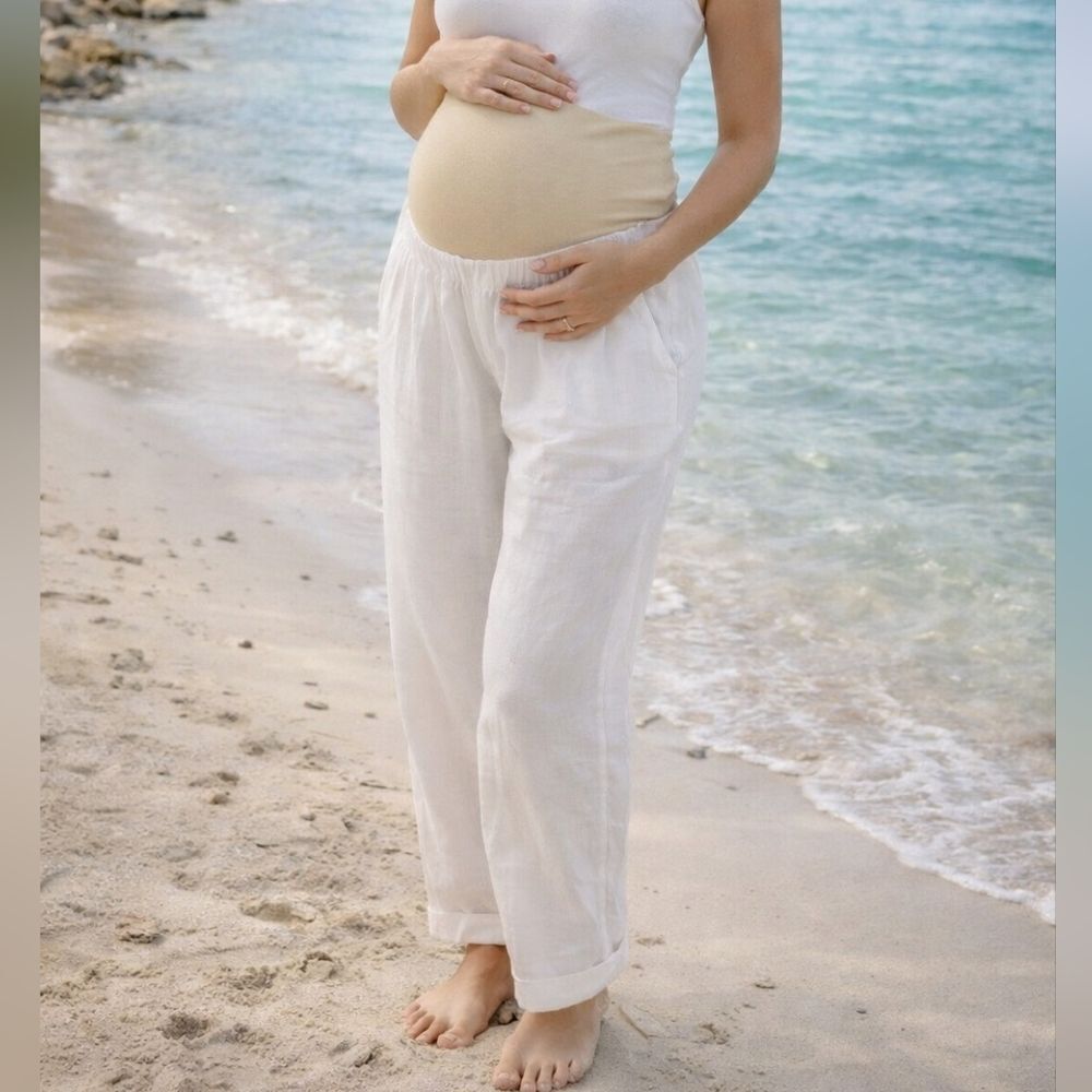 A Glow White Linen Blend Maternity Pants With Side Pockets Size XXL